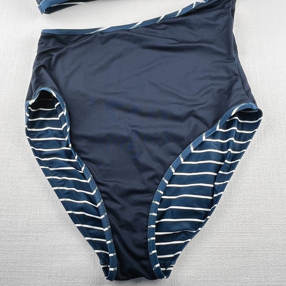 J.Crew Cutout One Piece Full Coverage Swimsuit w Buttons Navy Stripe Sz 14L $138 - Picture 11 of 14